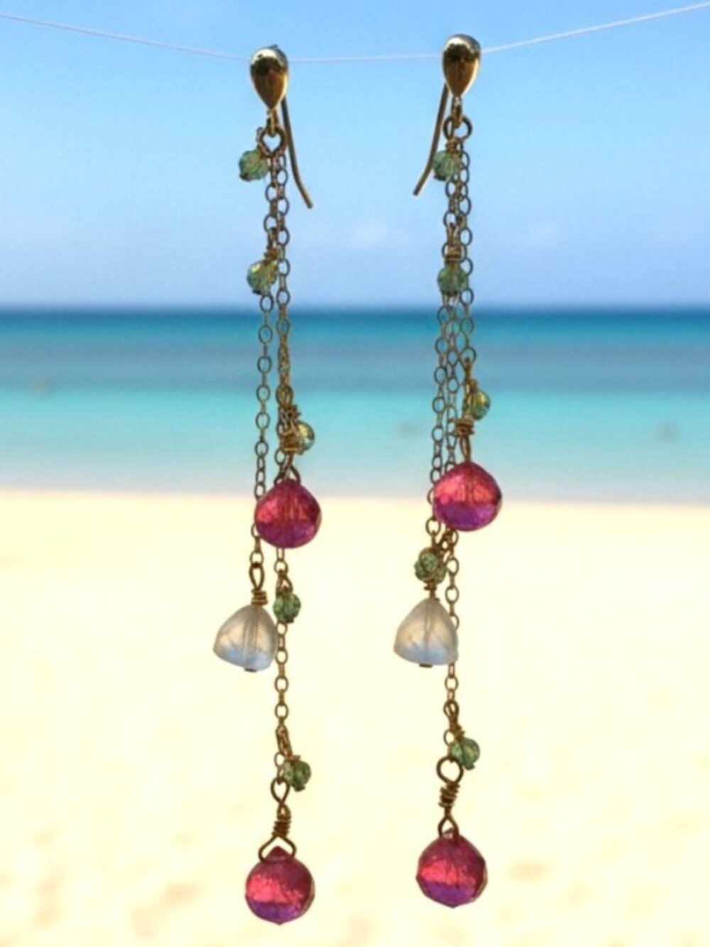 Extra Long Rose Quartz & Green Sapphire Rose Gold Statement Earrings 🌸💗💚
